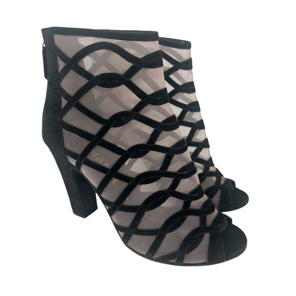 Chanel 2018 Black Suede Mesh Peep Toe CC Logo Ankle Boots - Picture 6 of 16